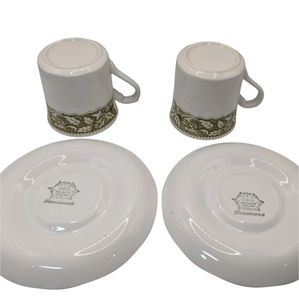 J G Meakin Teacups Saucers  Renaissance Green English Ironstone Set of Two SEE